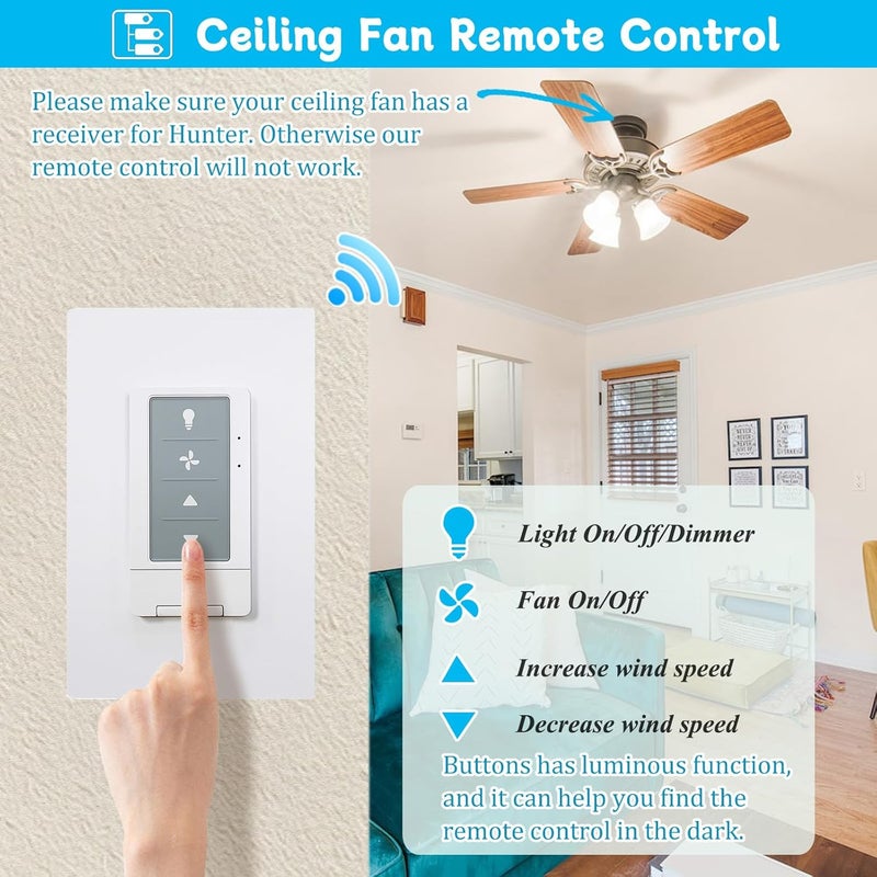 COREBAY Universal Ceiling Fan Remote Control with Light Dimmer, 3 Speed Wall Switch, Compatible with Hunter 434MHz Receiver/Remote Only, Single Pole, Neutral Wire Needed (no Included Receiver) - Image 2